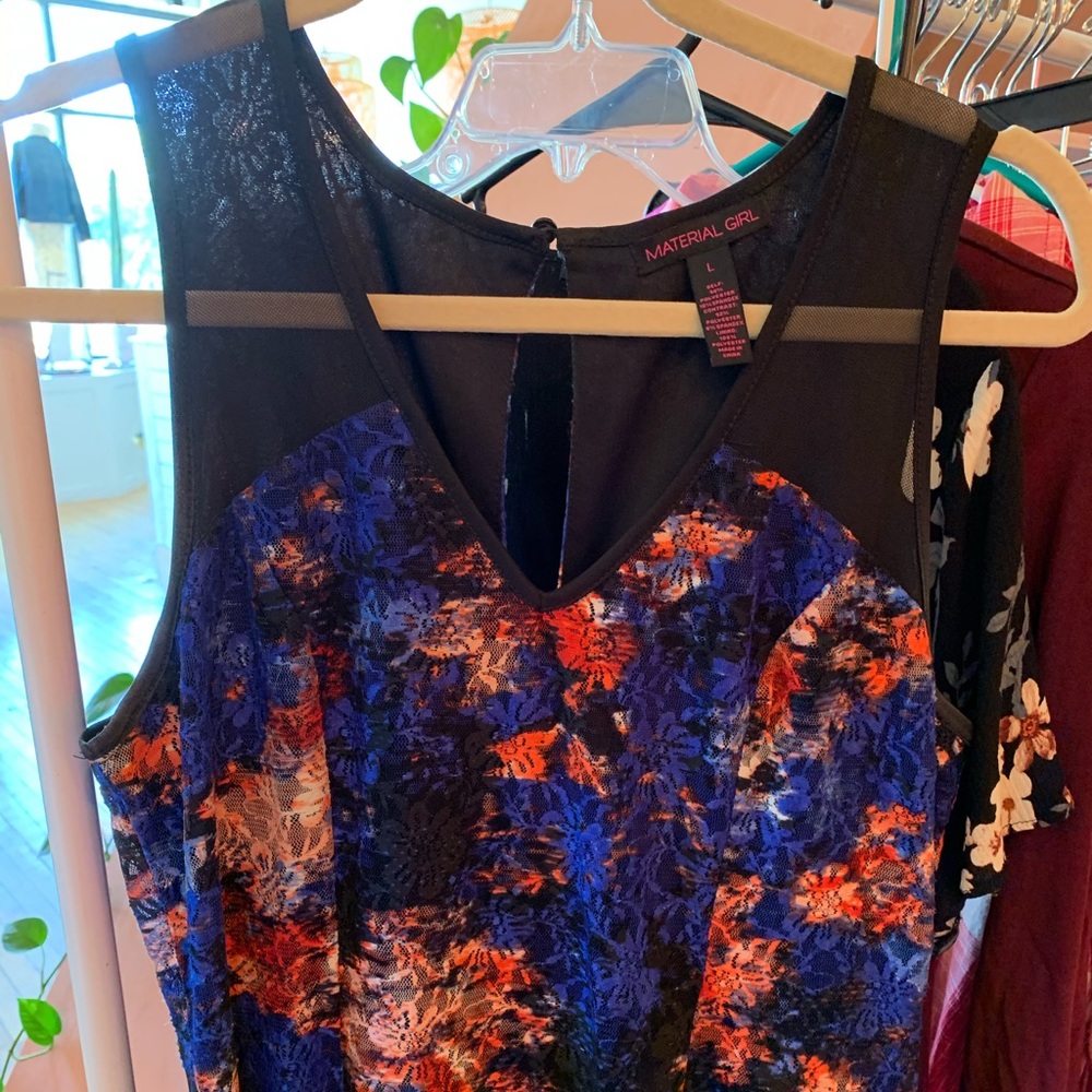 Blue, red, and black floral zip up dress